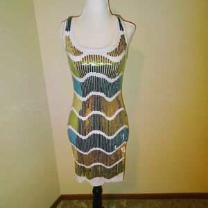 WILDCAT -- Gold & Teal Sequin Racerback Tank Mini Dress